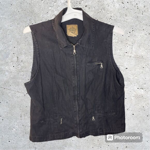 AMI Vest Vintage Black Pockets Linen Cotton Zip Up Size Large Western Country - Picture 1 of 7